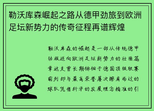 勒沃库森崛起之路从德甲劲旅到欧洲足坛新势力的传奇征程再谱辉煌